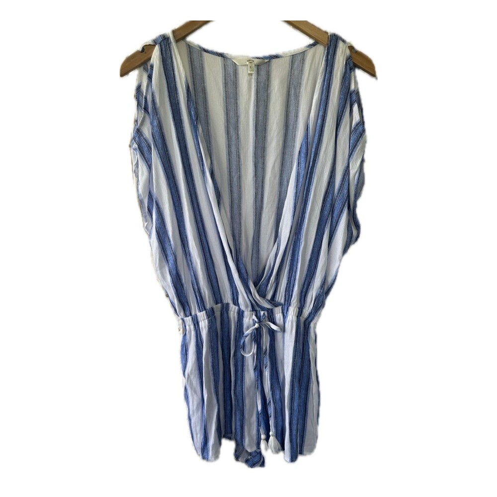 Hawaiian Tropic Stripe Faux Wrap Shoulder Cutouts Swim Cover Up Romper L